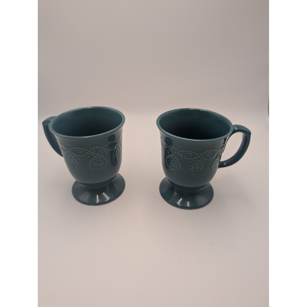 2 Pioneer Woman Teal Pedestal Mugs Cowgirl Lace Footed Coffee Tea Farmhouse